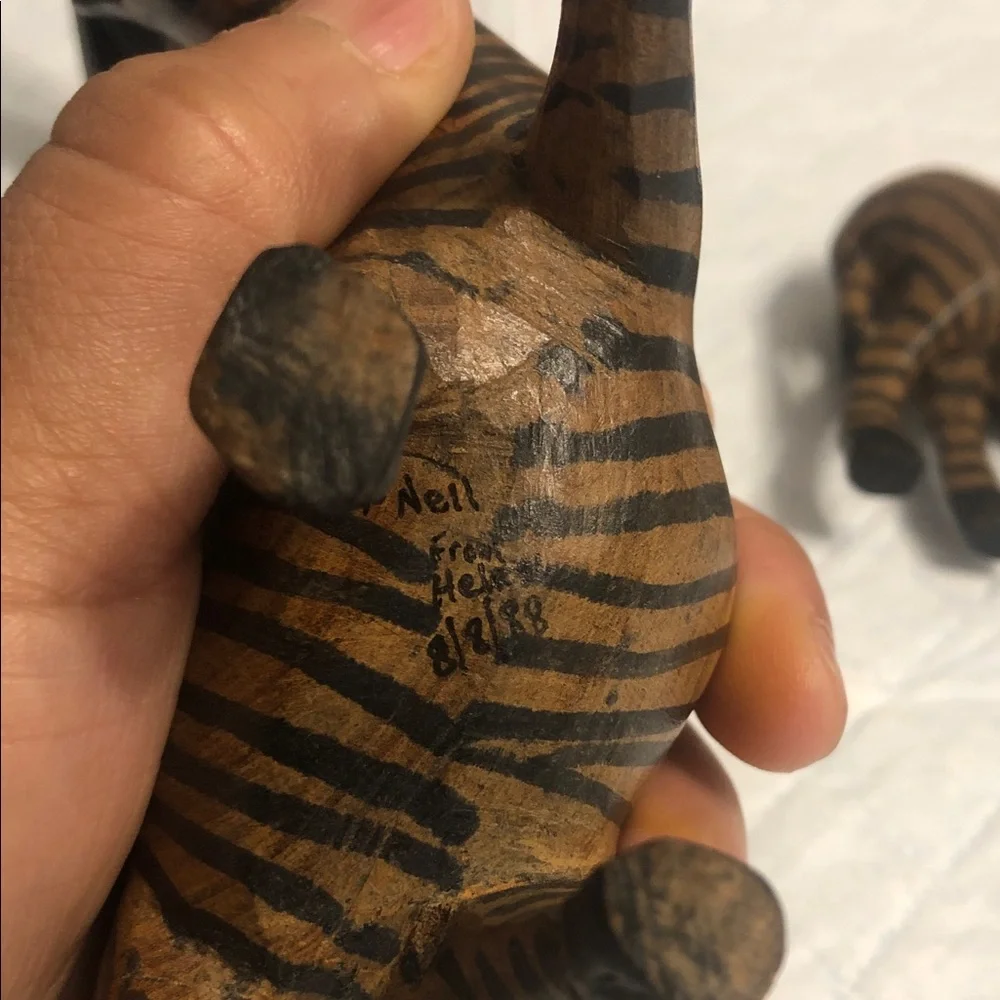 Vintage Brown and Black Striped Zebra Wood Figurines